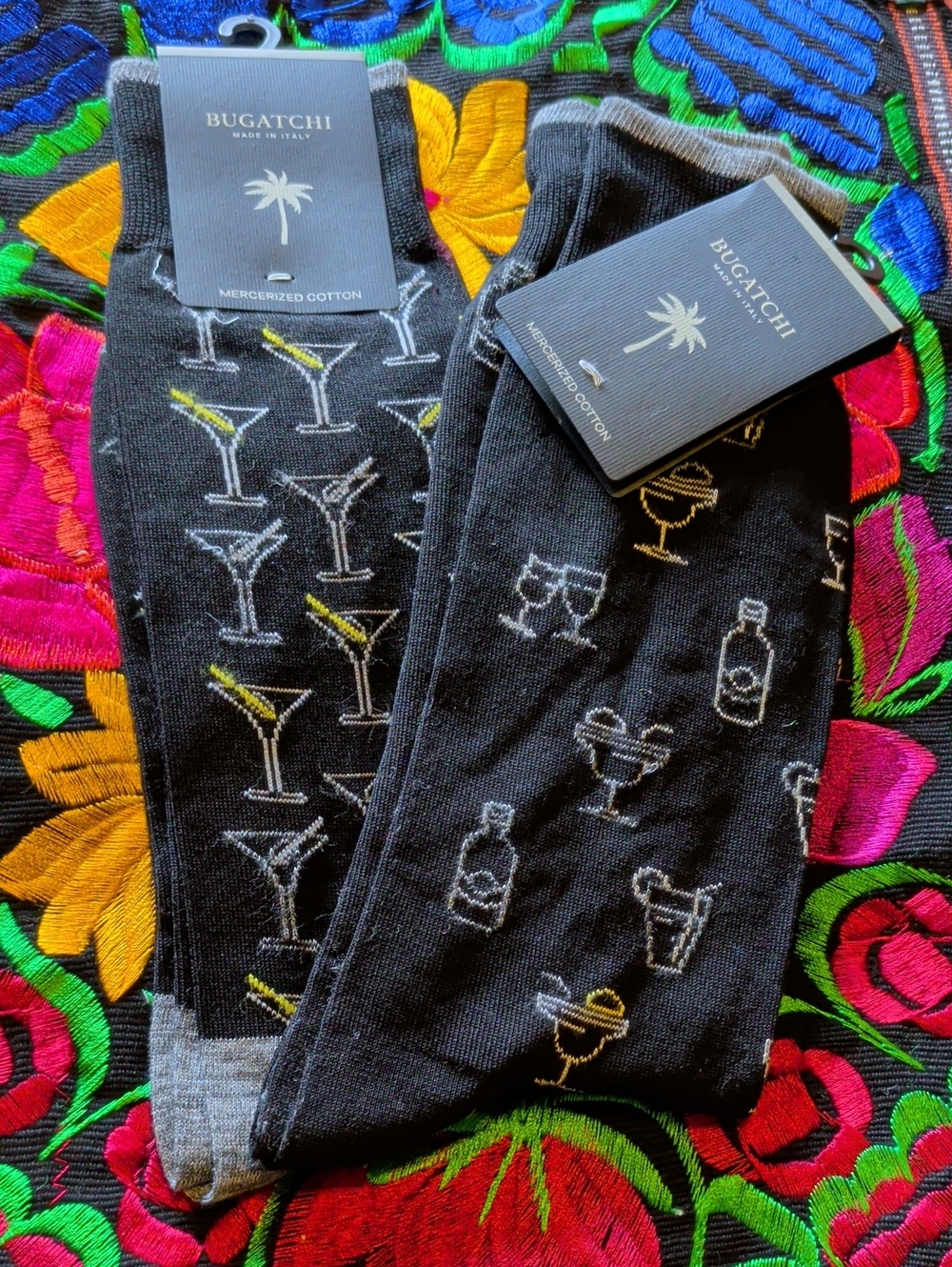 Bugatchi Black Socks with Gray Toe and Yellow Martini Detail